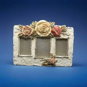 Figi Photo 3 Picture Frame White w/ Roses‎ Decorative Collectible Photo Frame